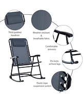 3 Piece Outdoor Rocking Bistro Set, Patio Folding Chair Table Set with Glass Coffee Table for Yard, Patio, Deck, Backyard, Grey