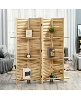 4-Panel Folding Room Divider, 5.6 Ft Freestanding Paulownia Wood Privacy Screen Panel with Storage Shelves for Bedroom or Office, Natural Wood Color