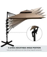 10ft Offset Patio Umbrella with Base, Double Top Hanging Aluminum Cantilever Umbrella with 360-degree Rotation, Easy Tilt, 8 Ribs, Crank, Cross Base,