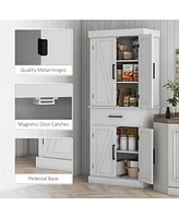72" Tall Kitchen Pantry Storage Cabinet, Farmhouse Freestanding Kitchen Cabinet with 4 Barn Doors, Drawer, 5-Tier Shelf and Adjustable Shelves, W