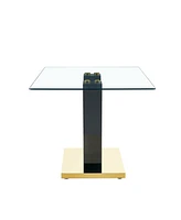 Large Modern Minimalist Rectangular Glass Dining Table for 6-8 with 0.4" Tempered Glass Tabletop and Mdf slab V-Shaped Bracket and metal base, Fo
