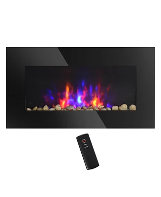 Simplie Fun 28.5" 1500W Electric Wall-Mounted Fireplace with Flame Effect, 7 Color Background Light, Black