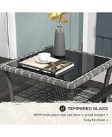 Simplie Fun Rattan Side Table, Outdoor End Table with Storage Shelf, Aluminum Frame Square, Coffee Table with Tempered Glass Top, Mixed Gray