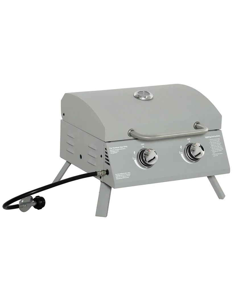 Simplie Fun 2 Burner Propane Gas Grill Outdoor Portable Tabletop Bbq with Foldable Legs, Lid, Thermometer for Camping, Picnic, Backyard, Light Grey