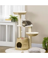 Simplie Fun 47" Cat Tree Kitty Activity Center, Cat Climbing Toy with Cattail Fluff, Bed, Condo, Sisal Scratching Post, and Hanging Ball, Natural