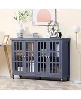 Sideboard, Buffet Cabinet with 4 Tempered Glass Doors, Stripe Pattern and Adjustable Storage Shelf, Credenza, Gray