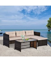 3 Piece Patio Furniture Set, Rattan Outdoor Sofa Set with Chaise Lounge & Loveseat, Soft Cushions, Tempered Glass Table, L-Shaped Sectional Couch, Bei