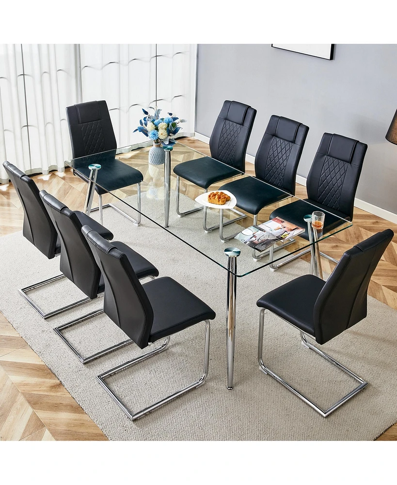 Simplie Fun Table and chair set.Modern rectangular glass dining table with a tempered glass tabletop and silver metal legs, paired with multiple chair