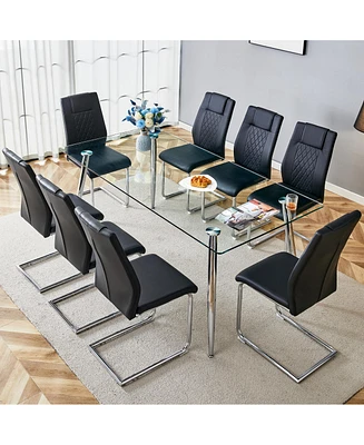 Simplie Fun Table and chair set.Modern rectangular glass dining table with a tempered glass tabletop and silver metal legs, paired with multiple chair