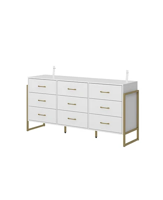 Homsee White and Golden 9-Drawers Wooden Dresser without Mirror