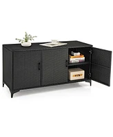 Costway 84 Gallon 3-Door Patio Wicker Storage Cabinet Deck Box with Removable Shelves