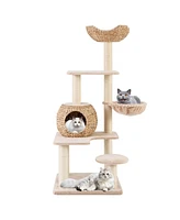 Costway 59" Cattail Cat Tower with Sisal Scratching Posts Perch Condo Soft Hammock Indoor