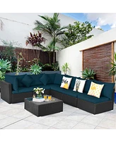 Costway 7PCS Patio Rattan Sofa Set Sectional Conversation Furniture Set Garden Outdoor Peacock