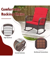 Costway 3 Pcs Patio Rocker Set Outdoor Wicker Rocking Chairs with Double-Layer Coffee Table