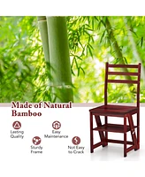 Costway Toddler 3-Step Folding Step Ladder Chair with Bamboo Frame Convertible Stool Reddish