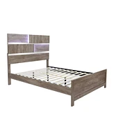 LuxenHome Modern Farmhouse Panel Queen Platform Bed Headboard and Footboard Set with Lights