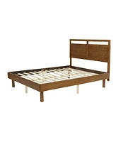 LuxenHome Farmhouse Double Panel Wood Headboard and Frame Platform Bed Set