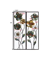 LuxenHome Set of 2 Metal Green, White, and Gold Wild Flowers Wall Decor