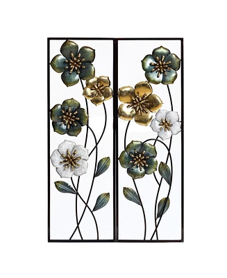 LuxenHome Set of 2 Metal Green, White, and Gold Wild Flowers Wall Decor