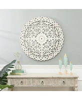 LuxenHome Distressed White Wood Flower 31.5" Round Wall Decor