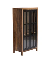 LuxenHome Natural Wood Glass 2-Door Accent Cabinet