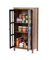 LuxenHome Natural Wood Glass 2-Door Accent Cabinet