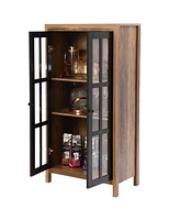 LuxenHome Natural Wood Glass 2-Door Accent Cabinet