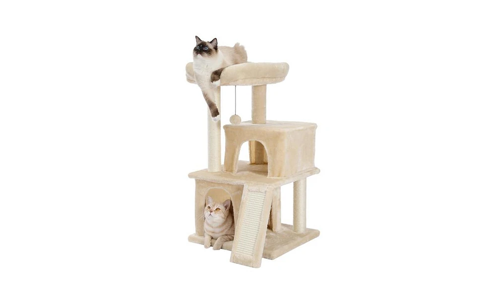 Slickblue Modern Small Cat Tree Tower – Features Double Condos, Spacious Perch, Sisal Scratching Posts, Climbing Ladder, and Replaceable Dangli