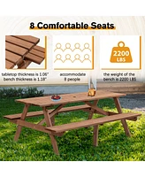 8 Person Brown Wooden Picnic Table, Outdoor Camping Dining Table with 2 Seats, Garden, Diy with 2 Built-in Benches, 2220lb Capacity