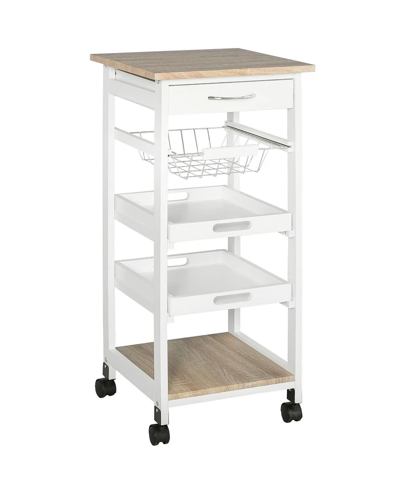 Mobile Kitchen Cart, Rolling Kitchen Island with Storage, Solid Wood Frame Utility Cart with Wire Fruit Baskets, Trays and Drawer, White