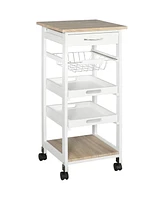 Mobile Kitchen Cart, Rolling Kitchen Island with Storage, Solid Wood Frame Utility Cart with Wire Fruit Baskets, Trays and Drawer, White