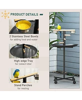 Bird Play Stand, Portable Parrot Perch, Bird Feeder Station, with Four Wheels, Stainless Steel Feeding Bowls, Round Tray, Grey