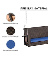 2 Person Wicker Hanging Swing Bench, Front Porch Swing Outdoor Chair with Cushions 550 lbs. Weight Capacity for Backyard, Garden, Blue