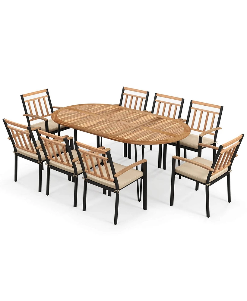 Costway 9 Pieces Outdoor Dining Set with Acacia Wood Top & Umbrella Hole Metal Frame