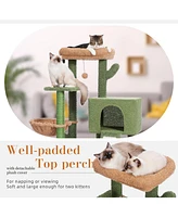 Slickblue Cactus Cat Tree Tower for Indoor Cats – Features Sisal-Covered Scratching Post, Cozy Condo, Plush Perch, and Soft Hammock