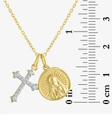 Diamond Cross & Saint Medallion 18" Pendant Necklace (1/10 ct. t.w.) in 14k Gold-Plated Sterling Silver