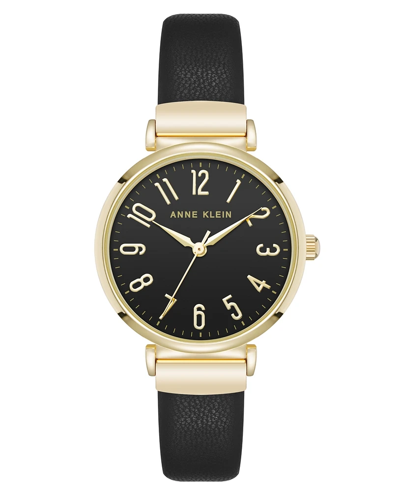 Anne Klein Women's Quartz Round Easy to Read Faux Leather and Gold-Tone Alloy Metal Watch