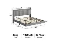 gaomon King Size Floating Bed Frame with Led Lights, Upholstered Platform Full Bed Frame with Charging Station, No Box Spring Needed,Gray