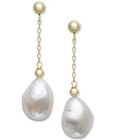 Belle de Mer Cultured Freshwater Baroque Pearl (10-11mm) Chain Drop Earrings in 14k Gold