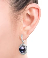 Belle de Mer Peacock Black Cultured Freshwater Pearl (10mm) & Cubic Zirconia Halo Drop Earrings Sterling Silver (Also White