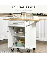 Kitchen Island with Drop Leaf Trolley Cart on Wheels Drawer Cabinet Towel Racks Versatile Use Natural Wood Top and White