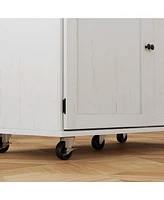 Kitchen Island with Storage, Farmhouse Rolling Kitchen Island Cart on Wheels with Drawer, 2 Cabinets, Rubberwood Top, Spice Rack, Towel Racks and 2 Ho