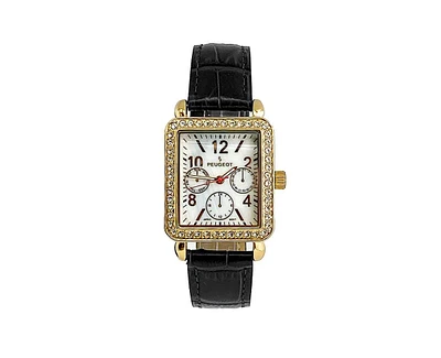 Peugeot Women's 14K Gold Plated Square Dress Watch with European Crystals and Leather Band