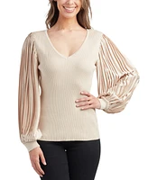 Bcx Juniors' V-Neck Rib-Knit Pleat-Sleeve Sweater