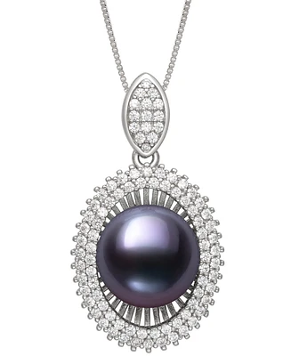 Belle de Mer Peacock Black Cultured Freshwater Pearl (10mm) & Cubic Zirconia 18" Pendant Necklace Sterling Silver (Also White Freshwate