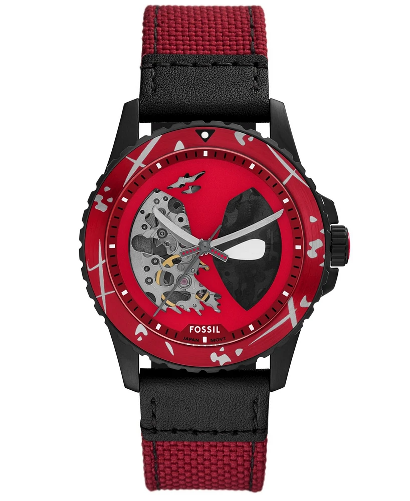 Fossil Unisex Marvel x Limited Edition Automatic Red and Black Nylon and Leather Watch, 42mm