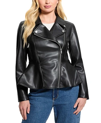 Guess Women's Ivy Faux-Leather Peplum Moto Jacket