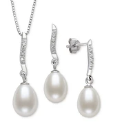 Belle de Mer 2-Pc. Set Cultured Freshwater Pearl (7-8mm) & Lab Created White Sapphire (1/3 ct. t.w.) Pendant Necklace & Matching Drop Earrings in Ster