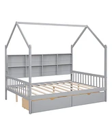 Slickblue Wooden Full House Bed with 2 Drawers,Kids Storage Shelf