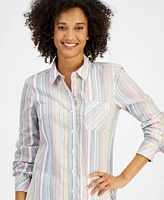 Nautica Jeans Women's Cotton Dobby-Striped Roll-Tab Shirt